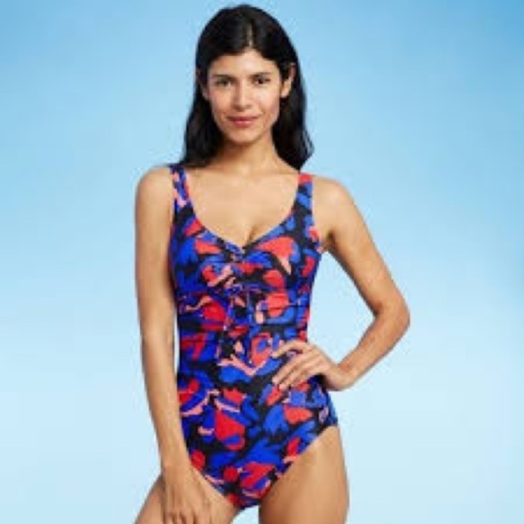 Aqua Green cinch front modest 1 piece black red blue pink swimsuit, large. - Picture 1 of 12